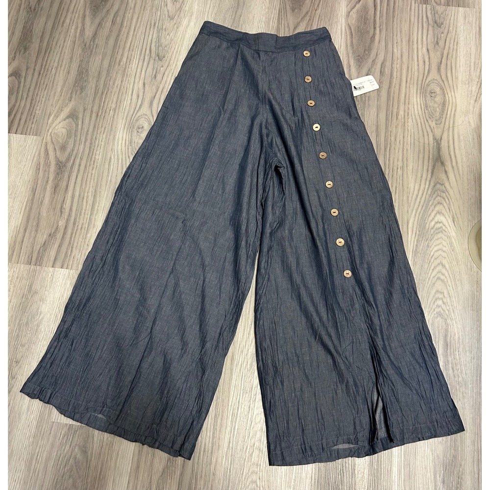 Zury Womens Wide Leg Chambray Cotton Pants Free Size Blue Wood Button Trousers